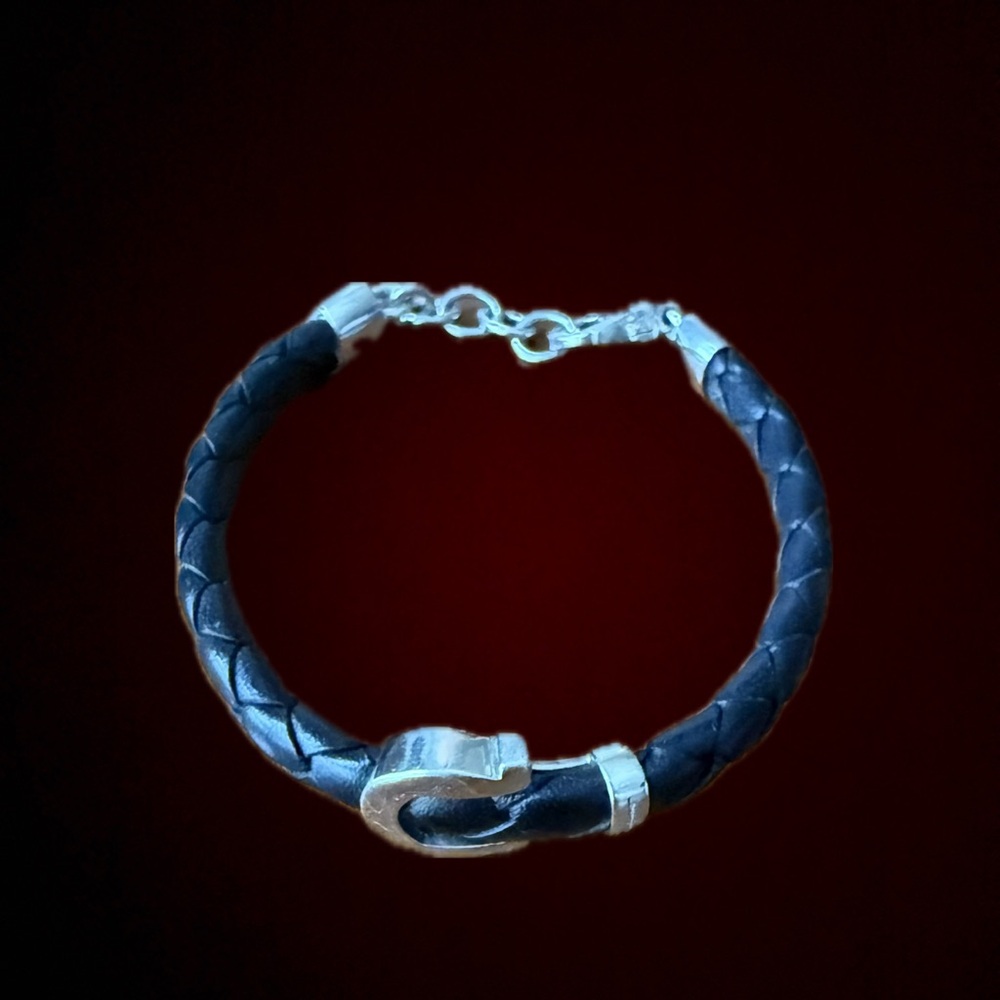 Salvatore Ferragamo Black Calfskin Braided Bracelet with Silver Gancini Clasp